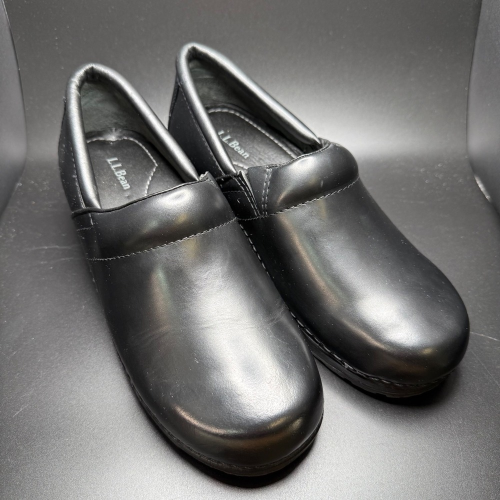 LL Bean Womens Black Leather Comfort Clogs Slip On Work Shoes Round Toe‎  Wedge